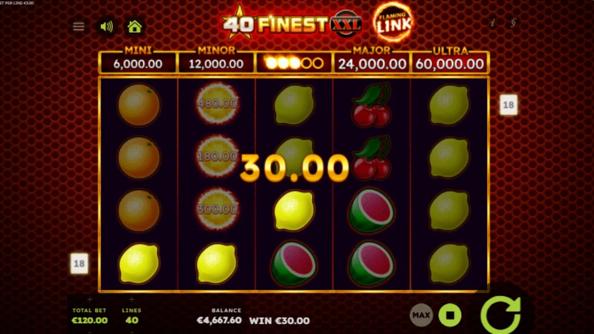 Tampilan visual slot 40 Finest XXL Flaming Link dengan simbol buah neon dan api