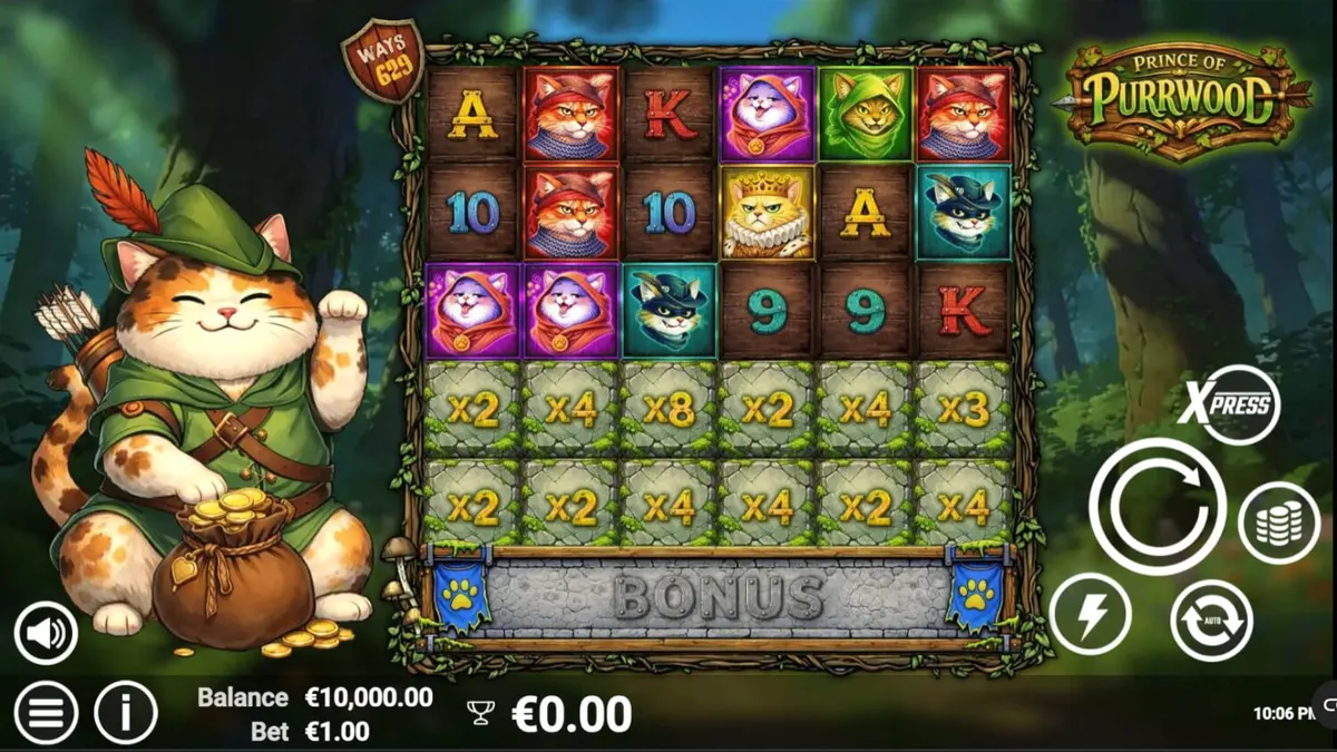 Karakter kucing dalam slot Prince of Purrwood dengan latar hutan abad pertengahan