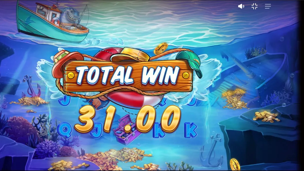 Tangkapan layar permainan slot Shark Boss menampilkan hiu di perahu di atas gulungan, memancing nelayan di laut biru.