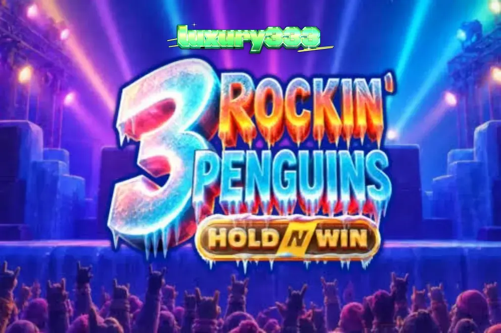 Tampilan visual slot 3 Rockin’ Penguins dengan karakter penguin punk di panggung es.